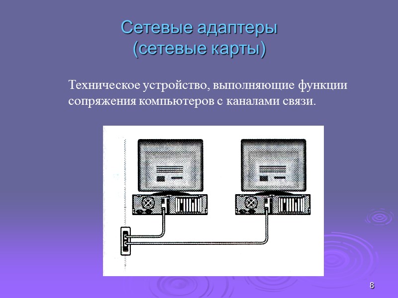 8 Сетевые адаптеры  (сетевые карты) Техническое устройство, выполняющие функции сопряжения компьютеров с каналами